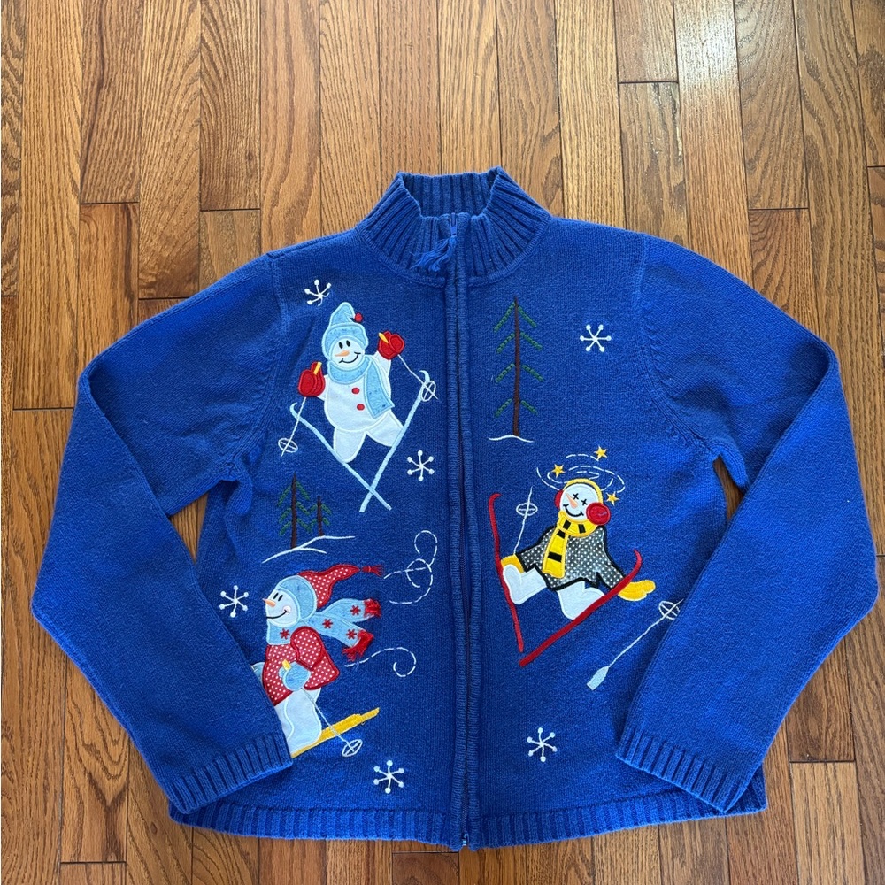 Vintage Dressbarn Blue Zip Sweater with Winter Motif